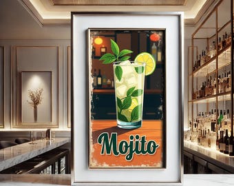 Mojito Cocktail Stampa Vintage 9:16 rapporto, Decorazione Carrello Bar, Stampa Cocktail, Stampa Carrello Bar, Stampa Bar Home, Arte Cocktail, Poster Cocktail