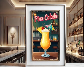 Impresión vintage de cóctel de piña colada, relación de aspecto 9:16, decoración de carrito de bar, impresión de cóctel, impresión de carrito de bar, impresión de barra de casa, arte de cóctel, póster de cóctel