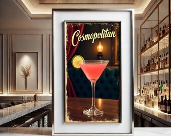 Cosmopolitan Cocktail Vintage Print 9:16 ratio, Bar Cart Decor, Cocktail Print, Bar Cart Print, home bar print, Cocktail Art,Cocktail Poster