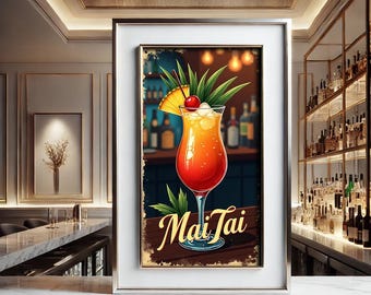 Mai Tai Cocktail Vintage Print 9:16 ratio, Bar Cart Decor, Cocktail Print, Bar Cart Print, home bar print, Cocktail Art, Cocktail Poster