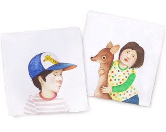 Boy and girl, original watercolor illustrations