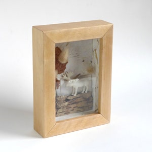 Könnte beinhalten: Eine Holz-Schattenbox mit einer weißen Keramik-Elchfigur im Inneren. Die Box ist mit getrockneten Gräsern und Blättern gefüllt und erzeugt eine Waldlandschaft.