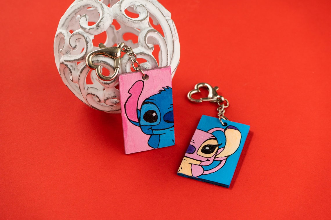 Stitch and Angel wooden hand painted keychain. Romantic couple Etsy