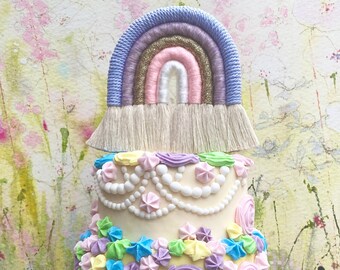 Handmade Macrame Rainbow Cake Topper Party Decoration | Birthday cake, Anniversary, Christening, Baby Shower | Boho, Retro, Pastel, Bright.