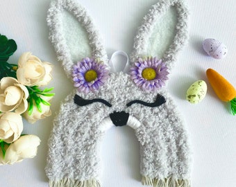 Bunny Rabbit Macrame Rainbow | Animal | Wall Hanging | Spring | Door / Home / Nursery Decor | Flowers / Pink / Blue / Grey | Easter Gift