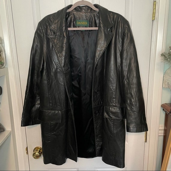 Danier Vintage Y2K Black Leather Long Button Trench Coat Jacket Large Etsy