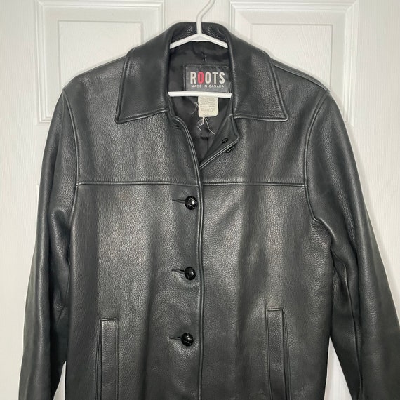 Roots Vintage 100% Leather Black Button Collared Jacket Coat Made