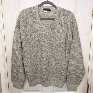 Vintage Grey V Neck Knit Cotton Blend Pullover Sweater Large