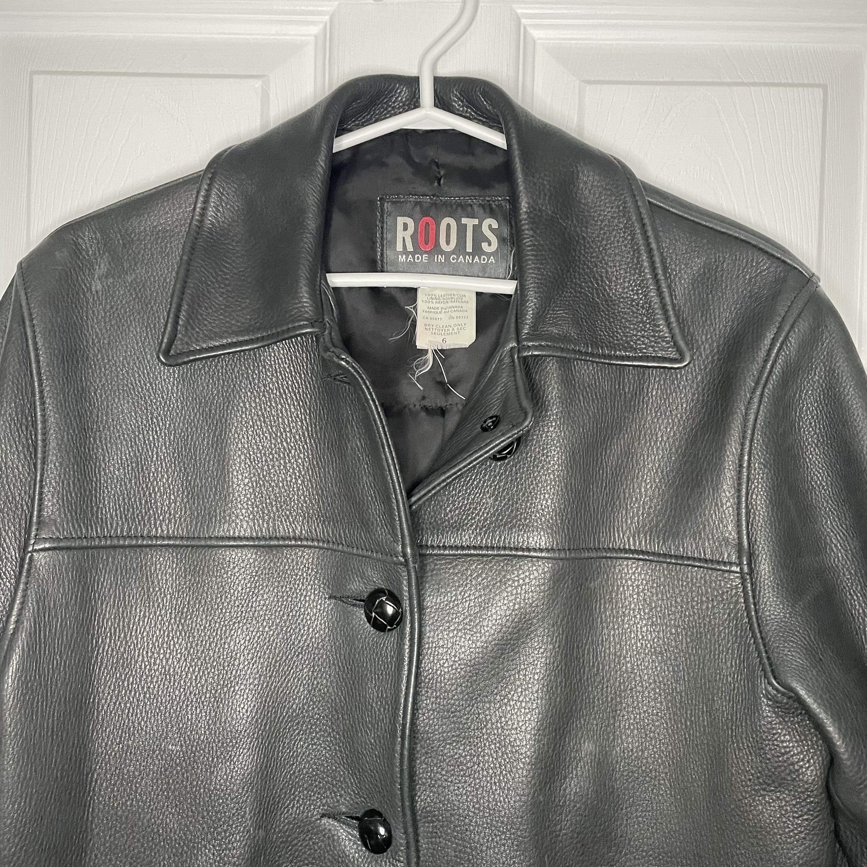 Roots Vintage 100% Leather Black Button Collared Jacket Coat Made