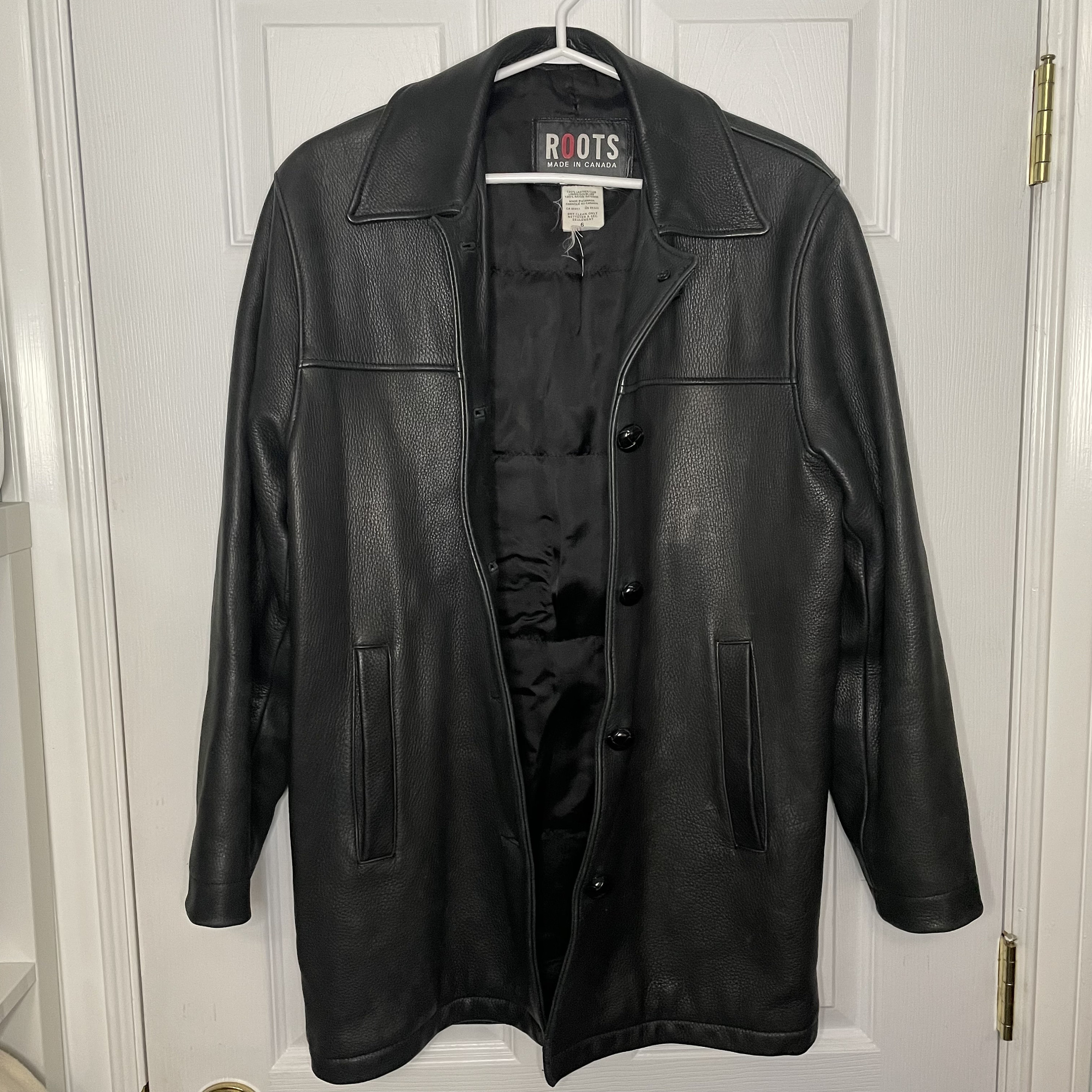 ジャケット・アウター 1980s 90s ROOTS Black Leather Zip Jacket Roots Vintage 100% Leather Black Button Collared Jacket Coat Made