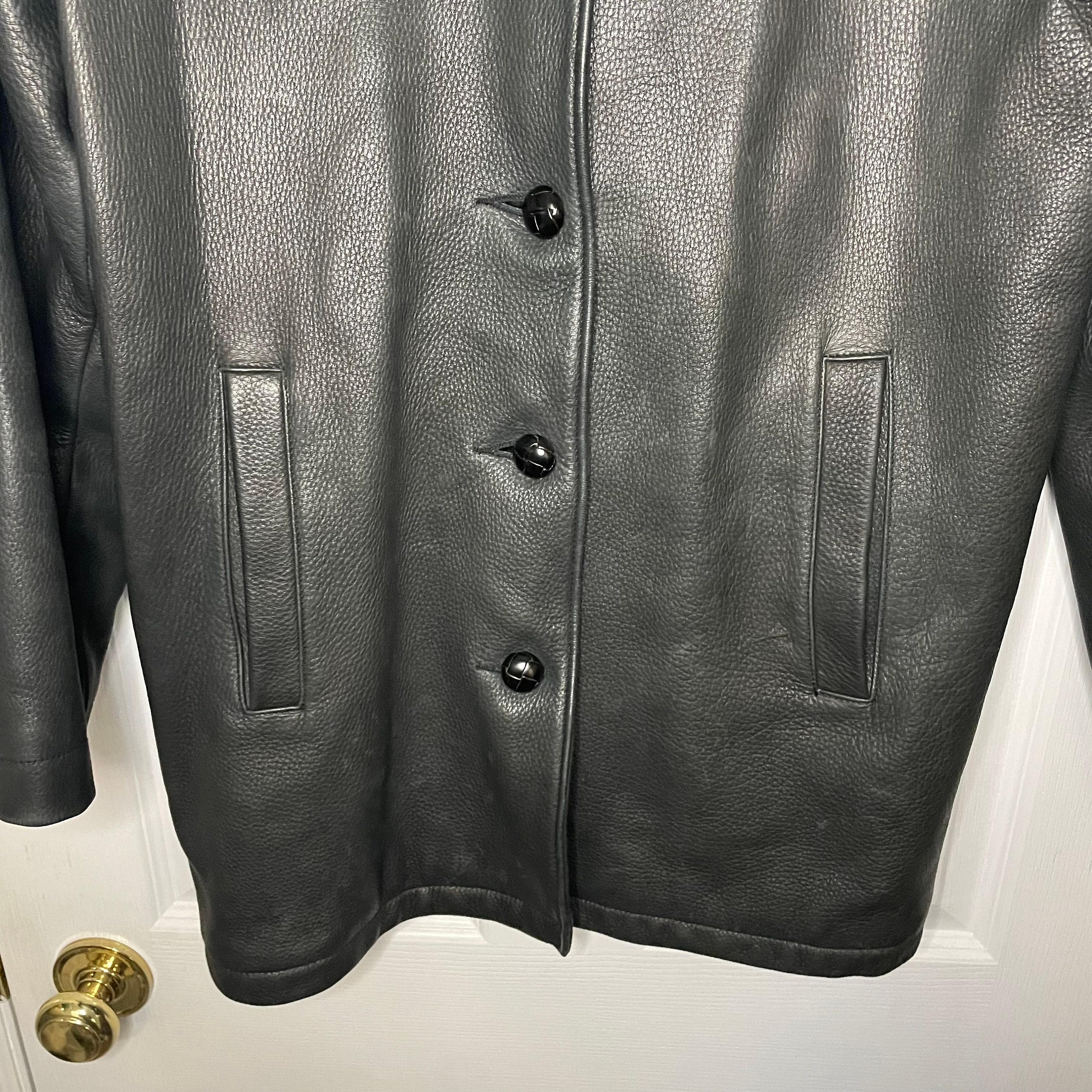 Roots Vintage 100% Leather Black Button Collared Jacket Coat Made
