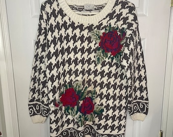 Vintage Piaf Grey & White Houndstooth w/ Rose Detailing Knit Crewneck Sweater M