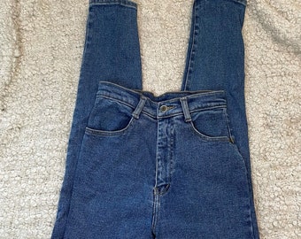 May include: A pair of blue high-waisted jeans with a classic five-pocket design.