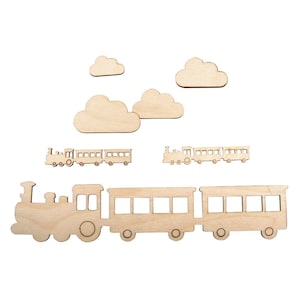 Könnte beinhalten: Ein Holz-Zugsatz mit einer großen Lokomotive und zwei Personenwagen. Das Set enthält außerdem vier kleine Holz-Wolken.