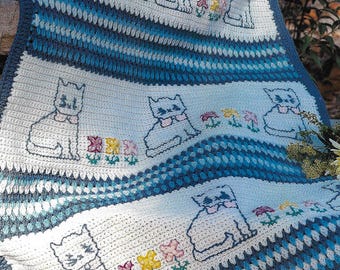 Vintage crochet blanket pattern, cat lover, housewarming gift, home decor, digital pattern.