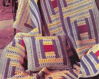 Vintage crochet blanket pattern, crochet pillow pattern, log cabin blanket, rustic decor, farmhouse decor, housewarming gift.