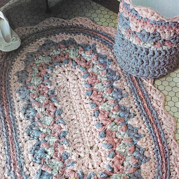 Vintage crochet bathroom decor pattern, tissue cover, crochet rug, hand towels, waste basket cover home decor, housewarming gift.