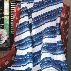 Crochet blanket pattern, blue and white decor, home decor, vintage style, housewarming gift, digital pattern.