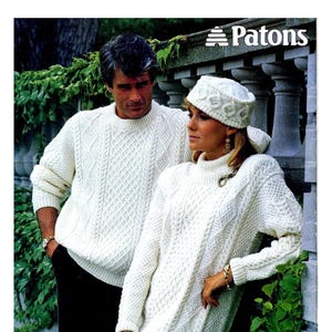 Vintage knitting pattern, His and Hers classic cabled Aran sweaters, hat, instant download, women's fashion, men's fashion, digital pattern.