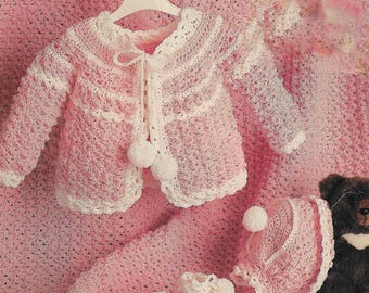 Vintage crochet layette pattern,3-6 months, baby aghan, baby sweater, baby bonnet, baby booties, baby shower gift, digital pattern.
