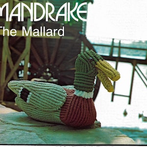 May include: A green, brown, and white woven duck figurine, called "Mandrake The Mallard", is sitting on a stone surface. The duck is made of rope and has a yellow beak.