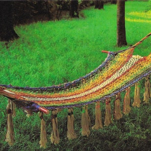 May include: A colorful hammock with fringe hangs in a grassy field. The hammock is made of woven rope in shades of blue, green, yellow, orange, and red. The fringe is a light beige color.