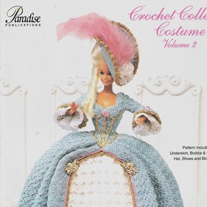 May include: Crochet pattern for a 1775 French Court Dress doll costume. The pattern includes instructions for an underskirt, bodice, overskirt, hat, shoes, and bloomers.