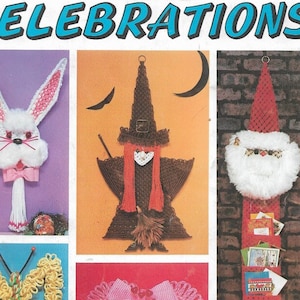 May include: A vintage craft book cover featuring macrame projects for different holidays. The cover shows a white bunny, a witch, a Santa Claus, a butterfly, and a heart. The title of the book is "Macrame Celebrations" by Judy Palmer.