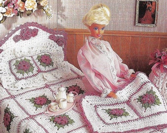 Fashion doll house home decor vintage crochet and plastic canvas patterns. Digital pattern, bedroom decor. Night stand, lamp, linens, rug.