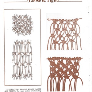 K&ouml;nnte beinhalten: Eine Seite aus einem Bastelbuch, die "Abwechselnde Quadratknoten (locker & fest)" zeigt. Die Seite zeigt Diagramme von Quadratknoten in verschiedenen Anordnungen, mit Text, der erkl&auml;rt, wie sich die Knoten unterscheiden k&ouml;nnen.