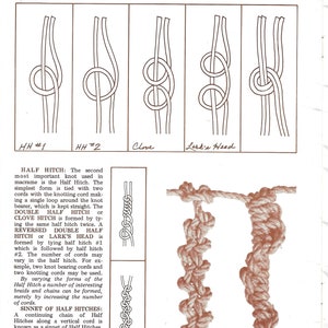 K&ouml;nnte beinhalten: Illustrationen verschiedener Makramee-Knoten, darunter Halbe Schl&auml;ge, Doppelte Halbe Schl&auml;ge und Lerchenkopfknoten. Das Bild zeigt auch Beispiele f&uuml;r Sinns und abwechselnde Halbschlagketten, mit dem Text "Half Hitches" oben.
