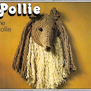 May include: A handmade Collie dog wall hanging. The dog's head is crafted from brown and tan yarn, with black button eyes and a black nose. The text "Pollie the Collie" is displayed in a retro font.