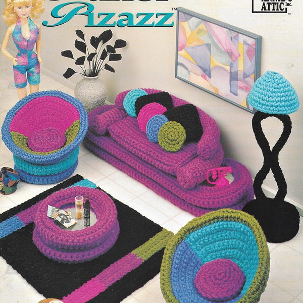 Barbie Doll House Home Décor Vintage Crochet Parlor Pizazz Modern Living Room, Sofa, Chair, Rug, Lamp, Table, Pillows Instant Download PDF