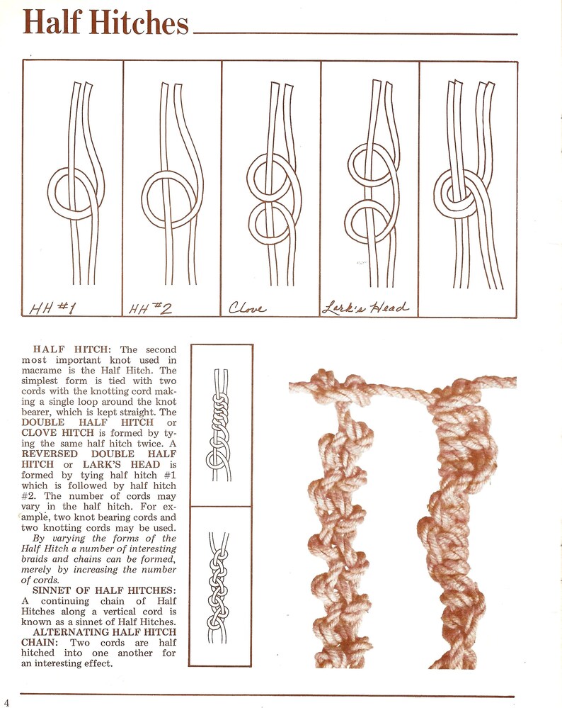 K&ouml;nnte beinhalten: Ein Diagramm, das verschiedene Knotenarten zeigt, darunter den halben Schlag, den Clove Hitch und den Lark's Head. Das Diagramm wird von einem Text begleitet, der die Knoten und ihre Verwendung in der Makrame erkl&auml;rt.