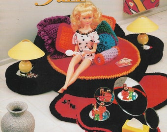 Fashion Doll House Furniture Home Décor Crochet Pattern PDF Vintage Bedroom Jazz Rug Sheet Coverlet Bed Side Table Dressing Table and Stool