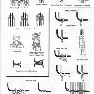 K&ouml;nnte beinhalten: Eine Schwarzwei&szlig;illustration, die verschiedene Knotenarten zeigt, darunter Quadratknoten, halbe Schl&auml;ge und dreifache halbe Schl&auml;ge. Die Illustration enth&auml;lt Textbeschriftungen f&uuml;r jeden Knotentyp.