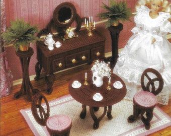 Vintage fashion doll furniture plastic canvas pattern, fashion doll Victorian dining room set, digital pattern, table, chair, rug.