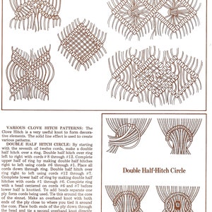 K&ouml;nnte beinhalten: Verschiedene Clove-Hitch-Muster zum Erstellen von dekorativen Elementen. Das Bild zeigt verschiedene Knotenmuster, darunter einen Doppelten Halb-Hitch-Kreis. Der Text beschreibt die Schritte zum Erstellen des Doppelten Halb-Hitch-Kreises.
