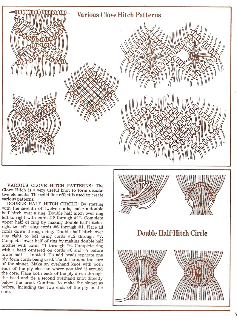 K&ouml;nnte beinhalten: Verschiedene Clove-Hitch-Muster zum Erstellen von dekorativen Elementen. Das Bild zeigt verschiedene Knotenmuster, darunter einen Doppelten Halb-Hitch-Kreis. Der Text beschreibt die Schritte zum Erstellen des Doppelten Halb-Hitch-Kreises.
