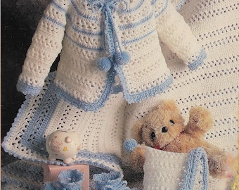 Vintage baby crochet pattern, baby sweater baby booties baby bonnet baby blanket, digital pattern, baby shower gift, size 3-6 months.