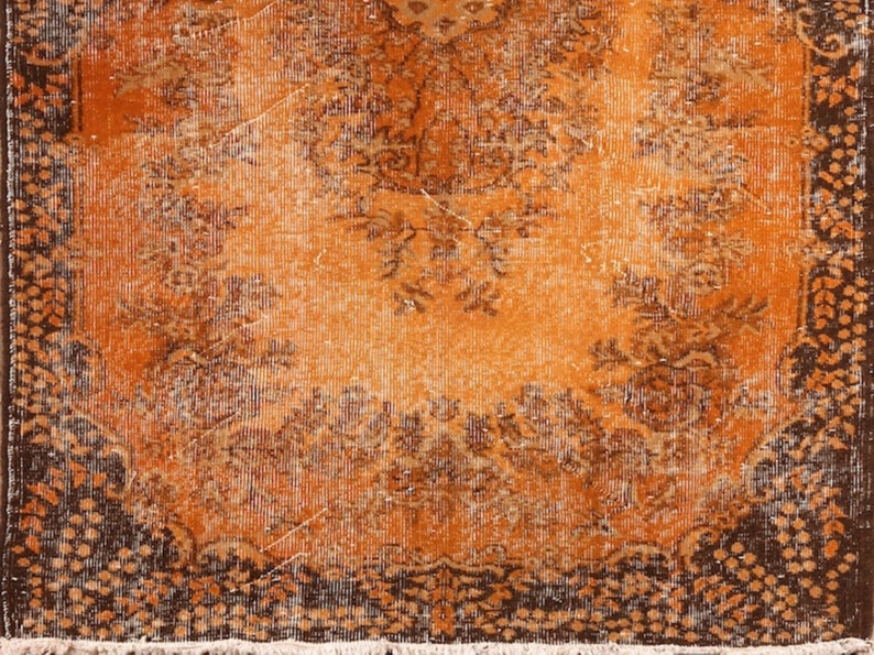 4x7.3 Ft Hand-knotted Vintage Turkish Rug with Medallion Design Over-dyed in Orange Color