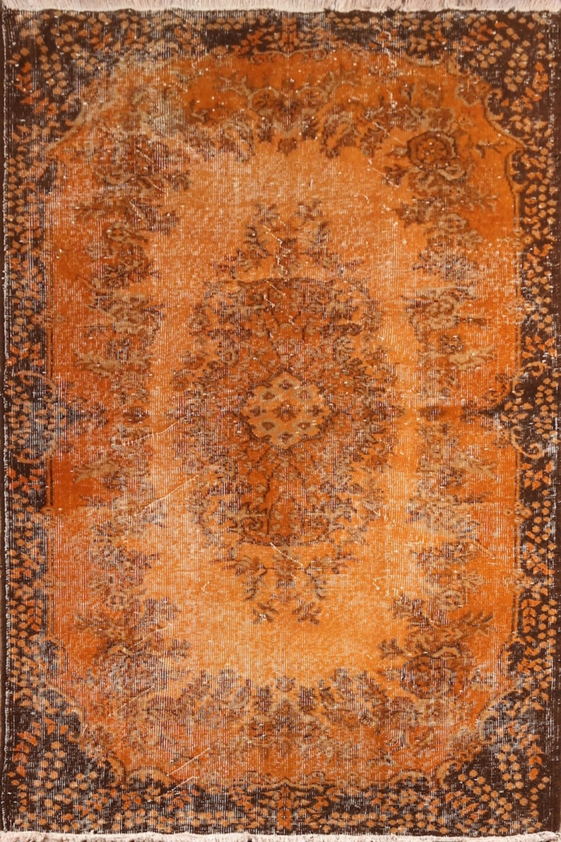 4x7.3 Ft Hand-knotted Vintage Turkish Rug with Medallion Design Over-dyed in Orange Color
