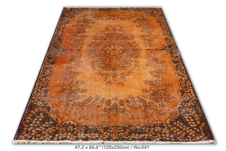 4x7.3 Ft Hand-knotted Vintage Turkish Rug with Medallion Design Over-dyed in Orange Color