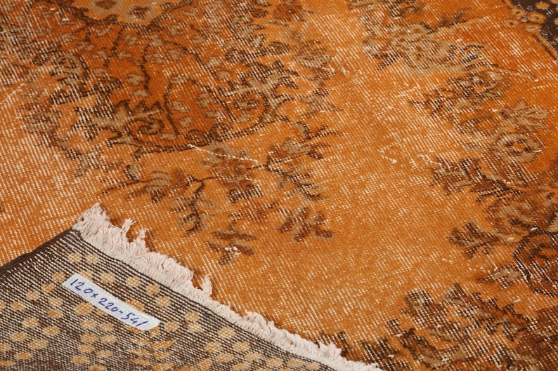 4x7.3 Ft Hand-knotted Vintage Turkish Rug with Medallion Design Over-dyed in Orange Color