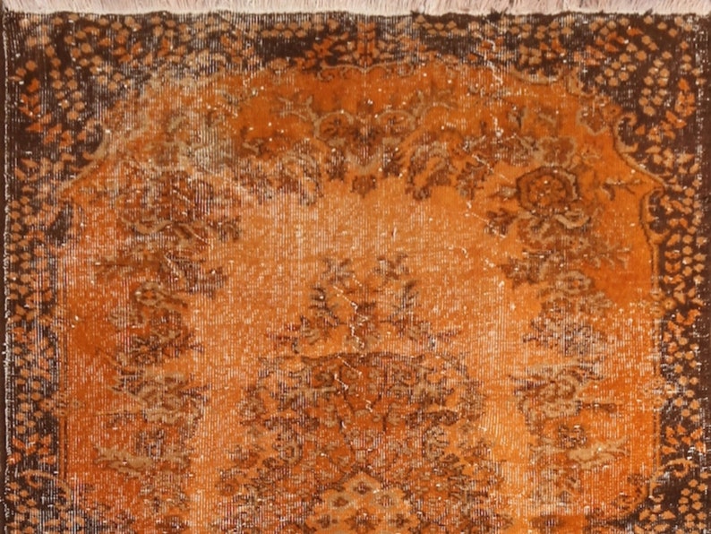 4x7.3 Ft Hand-knotted Vintage Turkish Rug with Medallion Design Over-dyed in Orange Color