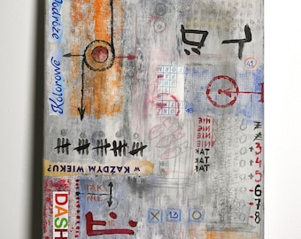 May include: Abstract painting on canvas with a gray background and colorful accents. The painting features a compass with arrows pointing in different directions, a grid with numbers, and the words "Podróże Kolorowe" and "DASH".