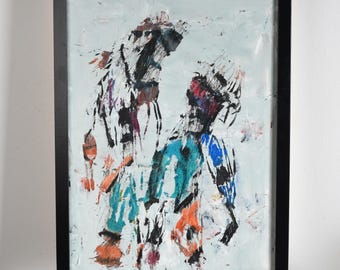 conversazioni durante una passeggiata, astratto, tecnica mista, 30x40 cm, opera d'arte da collezione, firmata