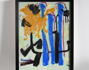 leone nella savana blu, astratto, tecnica mista, acrilico, 30x40 cm, su tavola, unico, solo una copia, senza cornice