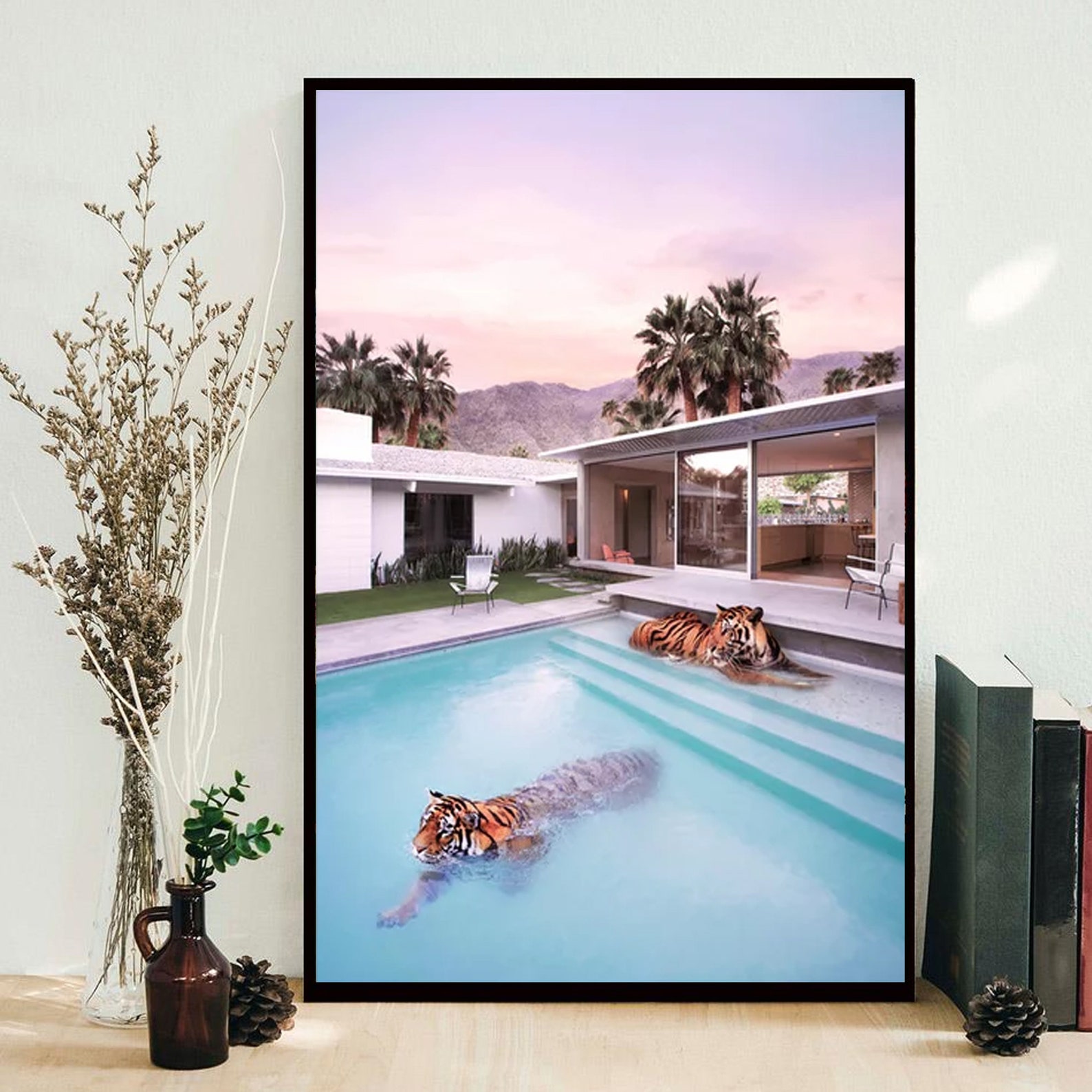 Palm Springs Tigers Wall Art Tiger on Swimming Pool Poster Etsy