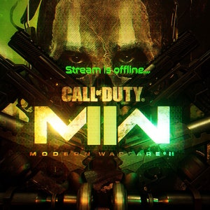 Könnte beinhalten: Ein grünes und schwarzes Call of Duty: Modern Warfare II Videospielposter mit dem Text "Stream is offline..." und dem Spiellogo. Das Poster zeigt einen Soldaten mit grünem Gesicht und verschiedenen Waffen.